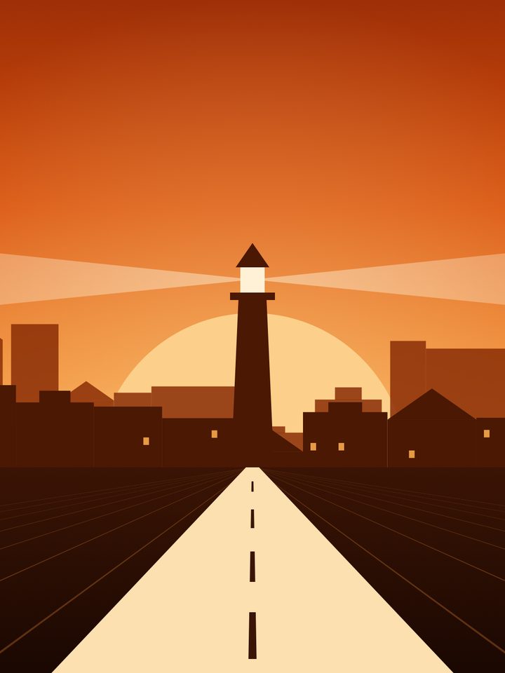 Illustration: a straight road into Halden at sunset, towards a lighthouse between dark rooftops.