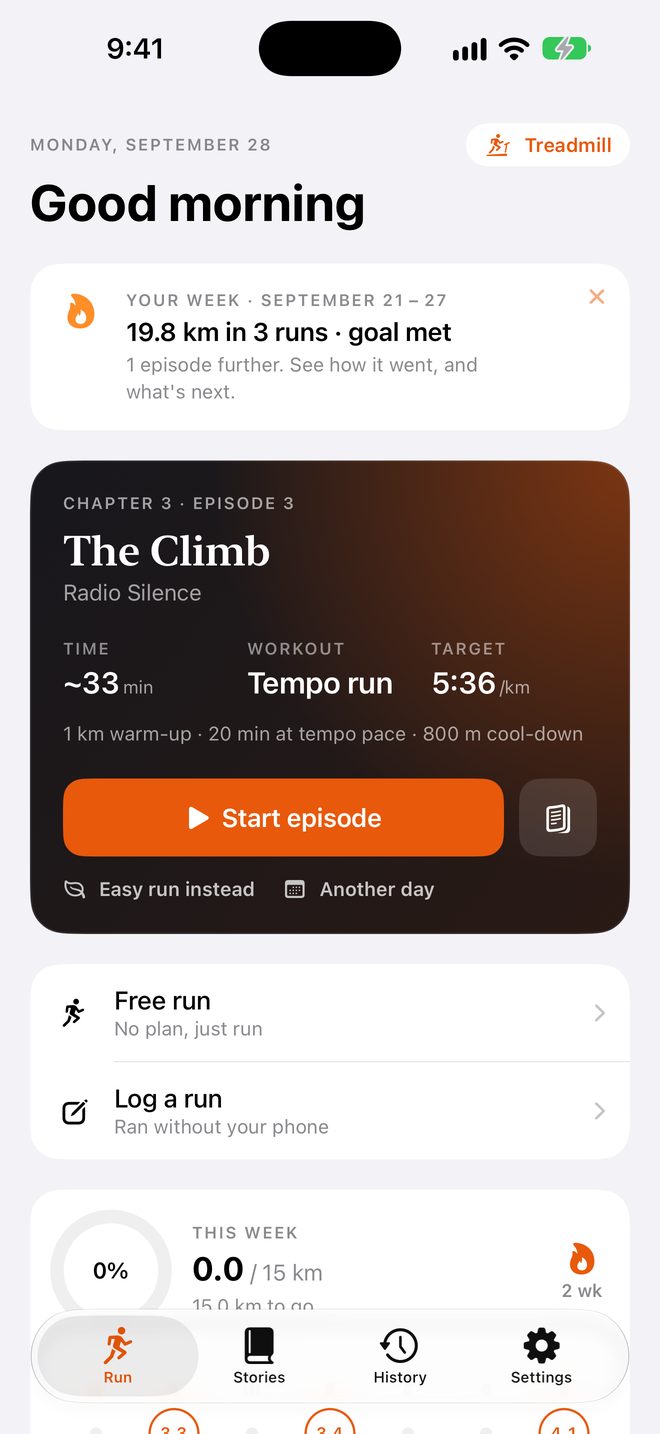 The Run tab: this week's episode, Chapter 3, The Climb, with a tempo run of about 33 minutes and a Start episode button.