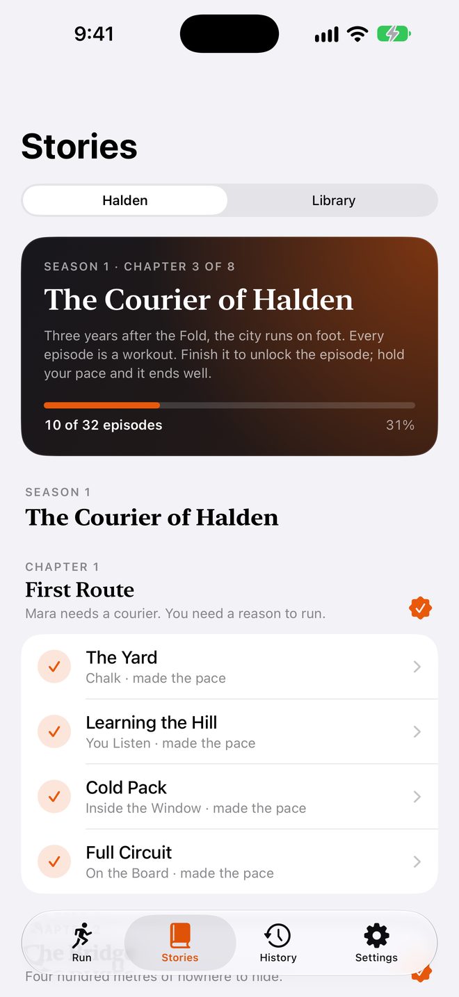 The Stories tab: Season 1, The Courier of Halden, 10 of 32 episodes, with the chapters and whether each episode made the pace.
