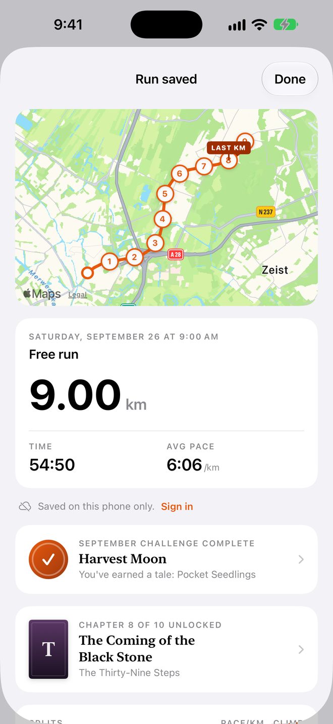 A run summary: 9.00 km on a map near Zeist, the September challenge complete, and a book chapter unlocked.